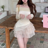 Kylethomasw Summer New Korean Strapless Pleated Sexy Slim Irregular Long Sleeve T-shirt Women + Casual Mesh A-line Skirt Two-piece Suit