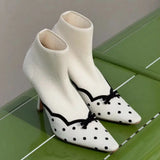 KYLETHOMASW  -  Elegant Pink Knit Sock Ankle Boots Black Polka Dot Print Mini Bow Decor Thin Stiletto Heel Boots Retro Sweet Style Fashion Shoes