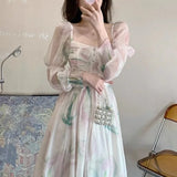 KYLETHOMASW  -  Chiffon Dresses Women Puff Sleeve Spring Summer Print Floral Vestidos Mujer French Style Vintage Sweet Long Dress