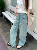 KYLETHOMASW  -  Summer Straight Jeans Women Pearls Wide Leg Mopping Light Washed High Waist Streetwear New Denim Casual Pants