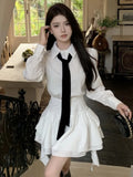 KYLETHOMASW  -  Elegant White Shirt Dresses Korean Preppy Style Long Sleeves Ruffle Party Mini Dress Slim Waist Casual Vestidos Female Outfits