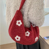 KYLETHOMASW  -  Korean Fluffy Sweet Floral Underarm Bag Y2k Lamb Wool Shopping Handbags Women New All Match Streetwear Travel Shoulder Bags