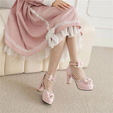 KYLETHOMASW  -   Ankle Strap Two-Piece Lolita Pump Round Toe Platform Kawaii Thick High Heel Bow Buckle Bead Ladies Cosplay Shoes Autumn