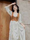 KYLETHOMASW  -  Palace Style Retro Set Women Brown Embroidered Vest+Irregular Drawstring Fashion Square Neck Elegant Dress High Quality Set Fall