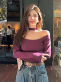 Kylethomasw   -  New Women's Autumn Off Shoulder Purple Long Sleeve T-shirt Off Shoulder Short Sexy Top