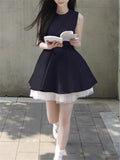 KYLETHOMASW  -  Celebrity Lady Bithday Party Blue Black Ball Gown Mesh Patchwork A Line Dress Summer Sleeveless O Neck Mini Fluffy Tank Dress