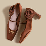 KYLETHOMASW  -  Elegant Satin Flower Chunky Heel Dress Pumps Women Metal Bow Square Toe Design Mary Jane Shoe Ladies Luxury Wedding Bridal Heels