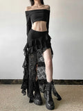 KYLETHOMASW  -  Women Skirt Chic High Waist Lace Layered Ruffle Asymmetric Slant Hem Skirt Daily Outdoor Stroll Fashion Summer New