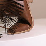 KYLETHOMASW  -  Women Fringe Western Boots Pink Sweet Embroidered Boots Brown Tassels Block Medium Heels Shoes Plus Size 48 Lady Winter