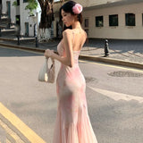 KYLETHOMASW  -  Summer Sexy Spaghetti Strap Fairy Dress for Women Print Slim Fit Temperament Elegant Trumpet Mermaid Wrapped Buttocks Dress
