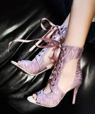 KYLETHOMASW  -  Shimmery Mesh Peep-Toe Ankle Boots Satin Ribbon Lace-Up Detail Sheer Mesh Stiletto Heel Sexy Style Openwork Dance Ankle Boots
