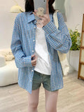 KYLETHOMASW  - Korean Style Vintage 2024 Blue Plaid Single Breasted Shirt Spring Autumn Women Long Sleeve Fashion Loose Lapel Sunscreen Blouses