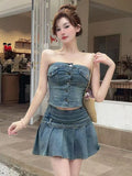KYLETHOMASW  -  Vintage Denim Slim 2 Piece Set Summer Women Y2K Sexy Strapless Short Crop Tops And Pleated Mini Skirt Streetwear Outfit Casual