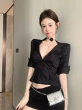 KYLETHOMASW  -  Sexy Black Slim Cropp Blouse Women Turn Down Collar Chic Solid Commuter Shirt Three Quarter Sleeve Street Fashion Deep V Hot Top
