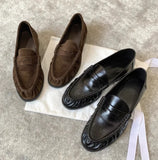 KYLETHOMASW  -  Round-toed loafers for women with pleated low heels Retro Brown Ladies Shoes Woman Fashion Brand Designer Shoes for Women