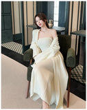 KYLETHOMASW  -  Women's Dresses Sets Solid V-Neck Long Cardigan+Waist Retraction Strapless Dress Sexy Elegant Knitted Two-Pieces Lady's Clothing