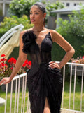 Kylethomasw Women Celebrity Sexy Strapless Backless Ruffles Black Maxi Long Bodycon Dress 2024 Elegant Evening Party Club Dress Vestido