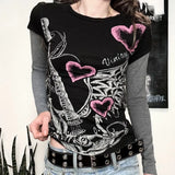 KYLETHOMASW  -  Heart Guitar Graffiti Printed Fake Two Piece Tops Mujer Early Spring New T-shirts for Women Y2k Slim Fit Long Sleeve Tee Shirt