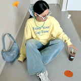 KYLETHOMASW  -  Women Yellow O Neck Long Sleeve Sweatshirt Loose Lazy Casual Classic Simple Top Vintage American Streetwear Harajuku Y2K Hoodie