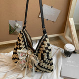 KYLETHOMASW  -  Women Straw Woven Tote Bag Casual Handbag Large Capacity Summer Crochet Shoulder Bag with Bow Patchwork for Outdoor Travel