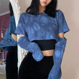 KYLETHOMASW  -  Women's Blue Tie Dye Cutout Layered Long Sleeve Cropped Blouse Casual Fashion Top
