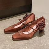KYLETHOMASW  -  Novelty Side Flower Design Chunky Heel Pumps Women Elegant Sexy Bow Decoration Square Toe High Heels Black Mary Jane Shoes
