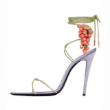 KYLETHOMASW  -  Women's  Rhinestone Ankle Wrap Stiletto Sandals Coral Grape‑Shaped Bead Decor Open‑Toe High Heels Crystal Thin Strappy