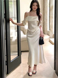 KYLETHOMASW  -  Summer Elegant Women Spaghetti Strap Dress Solid Y2K Sleeveless A-Line Princess Prom Wedding Evening Pirty Backless Clothes