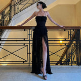 KYLETHOMASW  -  Mesh Patchwork Maxi Dress Women Halter Sexy Off Shoulder Backless Splits Gown Midnight Prom Party Ruched Elegant Dress
