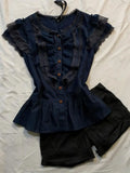 KYLETHOMASW  -  Harajuku Vintage Lace Ruffle Flying Sleeve Button Navy Blue Blouse Women Spicy Girls Summer Slim O-neck Y2k Aesthetic T-shirts