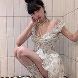 KYLETHOMASW  -  Spring Fashion Miu Style Dopamine Waist-Cinching Cat Print Bubble Hem Cami Dress for Women Female Lady Cute Summer Mini Dress