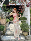 KYLETHOMASW  -  Summer Women Two Piece Set Floral Corset Top and Lace Midi Skirt Elegant Mesh Outfit Slim Fit Vintage French Style Beach Suit
