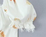 KYLETHOMASW  -  Retro White Flower Bow Ruched Chest Lace Slash Collar Satin Mini Dress Women Short Puff Sleeve Low Waist Swing Dresses Robe