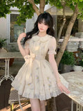 KYLETHOMASW  -  Korean Ladies Mini Dress Summer Short Sleeve Fashion Embroidered Floral Ball Gown Dress Sweet Pan Collar Women Party Vestidos