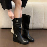 KYLETHOMASW  -  Winter Belt Buckle Women Knight High Boots Thick Heel Shoes Female Vintage Slip On Slim Long Booties Zapatos De Muje
