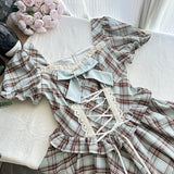 KYLETHOMASW  -  Pure Cotton Plaid Preppy Dress Women British Retro Lace Bandage Bow Kawaii Mini Dress Vintage Chic Square Collar Ball Gown Dress