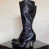 KYLETHOMASW  -  Designer Rivet Strap Tall Boots for Women Punk Gothic Knee Women's Boots Vintage Stiletto Leather High  Long Boots Botas Mujer