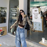 KYLETHOMASW  -  Zebra Print Knit Hooded Sweatshirt Sweater Fur Trimmed Retro Slim Long Sleeve Jacket Street Zip Up Full Winter Jumpers Coat