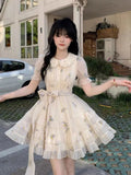 KYLETHOMASW  -  Korean Ladies Mini Dress Summer Short Sleeve Fashion Embroidered Floral Ball Gown Dress Sweet Pan Collar Women Party Vestidos