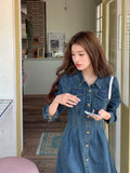 KYLETHOMASW  -  Autumn Spring New Design Vintage High-Waisted Long Denim Dress Women Single Breasted Slim Waist Pleated Mid-Length Dresses