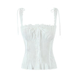 KYLETHOMASW  -  White Spliced Lace Slash Collar Ribbon Bow Strap Summer Corset Women Summer Tank Tops Pleated Slim Through Buttons Crop Top