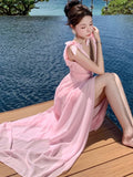 KYLETHOMASW  -  Women Pink Temperament Backless Pleated Vest Dress Summer New Elegant Ladies V-neck Sleeveless High Waist Vestidos Robe