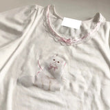 KYLETHOMASW  -  Chic Short Sleeve T-Shirt Women's Summer Dopaamine Sweet Short Style Cat Lace Trim Cotton Polyester Print round Neck Top