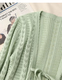 KYLETHOMASW  -  Spring Elegant Green V-Neck Long Knit Cardigan Women's Flared Sleeve Lace-Up Sweater Coat OL Crochet Hollow Out Outerwears 208A