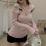 Kylethomasw  -  Two-piece Strapless Bow Sexy Long-sleeved Sweater Women 2024 Spring New Korean Contrast Color Lace Splicing Knitted Tops