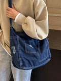KYLETHOMASW  -  Vintage Faded Blue Slouchy Shoulder Bag For Women, Large Capacity Soft   College Style Fabric Tote Bag With Multiple Pockets