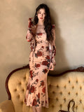 KYLETHOMASW  -  Women Vacation Clothes Sweet Floral Print 2 Piece Outfit Sexy Sling Slim Dress And Ruffled Tops Coat Set Suits Casual Autumn New