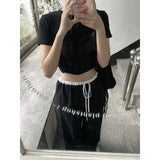 KYLTHOMASW  -  2024 Summer Vintage Korean Retro High Street Black and White Stitching Elastic Lace-up Streetwear Fashion Wide Leg Pants