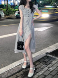 KYLETHOMASW  -  Women Stylish Vintage Ruffle Lace-up Sexy Slit Fairy Midi Dress Casual Sweet Chic Solid Short Sleeve Slim Party Dresses Vestidos