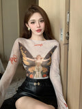 KYLTHOMASW  -  Womnen Coquette Gyaru Gauze Shirts Graphic Long Sleeve Blouses V-Neck Backless Y2k Crop Tops 2000s Aesthetic Streetwear Vintage